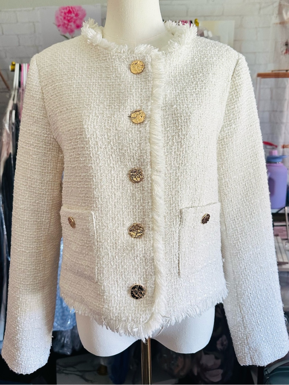 Rachel Zoe Ivory Tweed Fringe Gold Button Blazer - Picture 3 of 12